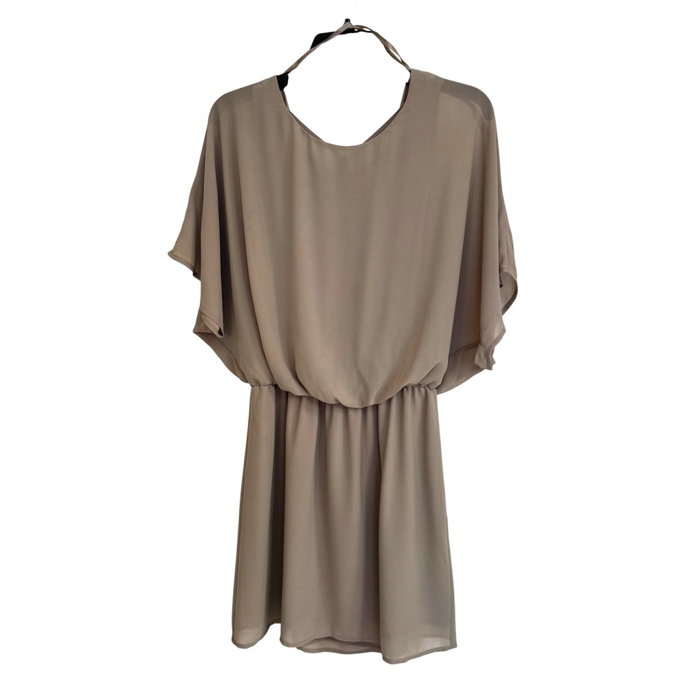 Lost April Taupe Braided Cowl Back Blouson Mini Dress Batwing Sleeve Brown M
